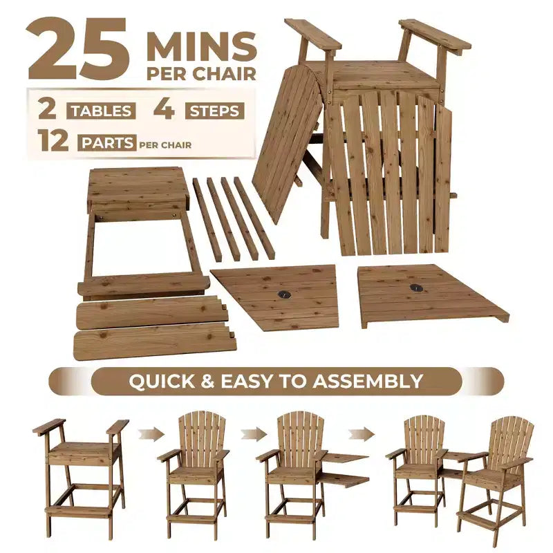 Patio Tall Adirondack Chairs, Outdoor Adirondack Barstools with Connecting Tray, Natural Wooden Bar Stool Chair with High Back for Deck, Balcony