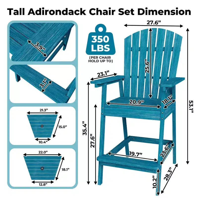 Patio Tall Adirondack Chairs, Outdoor Adirondack Barstools with Connecting Tray, Natural Wooden Bar Stool Chair with High Back for Deck, Balcony