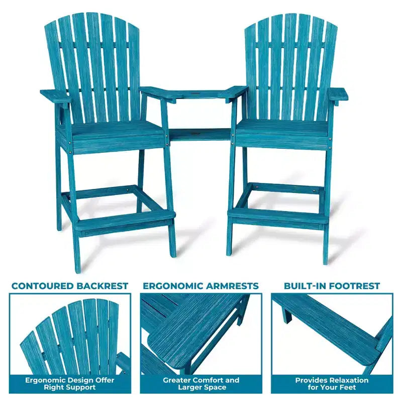 Patio Tall Adirondack Chairs, Outdoor Adirondack Barstools with Connecting Tray, Natural Wooden Bar Stool Chair with High Back for Deck, Balcony