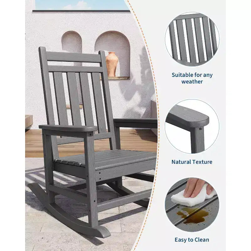 Adirondack Outdoor Patio Rocking Chair, All Weather HDPE Glider Rocker Chair with High Backrest for Porch Balcony Lawn, 380 Lbs Capacity