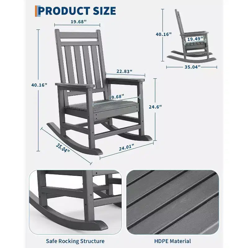 Adirondack Outdoor Patio Rocking Chair, All Weather HDPE Glider Rocker Chair with High Backrest for Porch Balcony Lawn, 380 Lbs Capacity