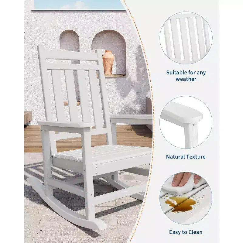 Adirondack Outdoor Patio Rocking Chair, All Weather HDPE Glider Rocker Chair with High Backrest for Porch Balcony Lawn, 380 Lbs Capacity
