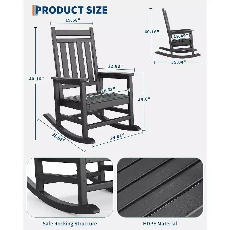 Adirondack Outdoor Patio Rocking Chair, All Weather HDPE Glider Rocker Chair with High Backrest for Porch Balcony Lawn, 380 Lbs Capacity