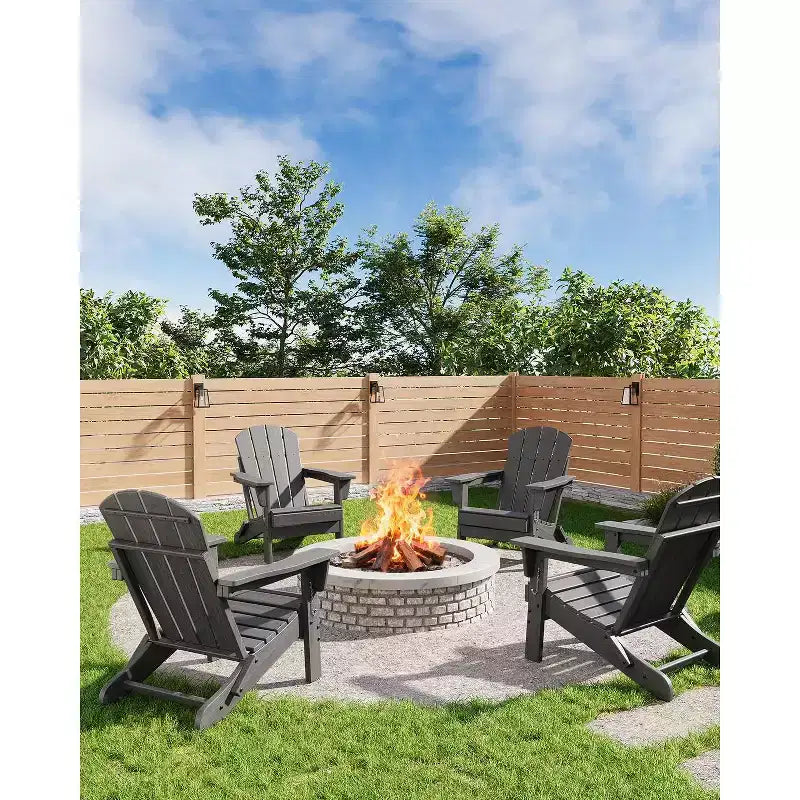 Folding Adirondack Chair with Cup Holder, HDPE Wood Texture Outdoor Chair for Patio, Deck, or Backyard, Supports 380 lbs