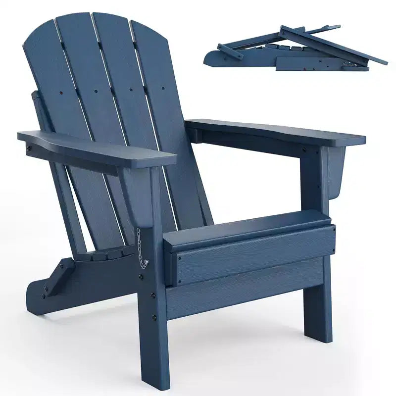 Folding Adirondack Chair with Cup Holder, HDPE Wood Texture Outdoor Chair for Patio, Deck, or Backyard, Supports 380 lbs