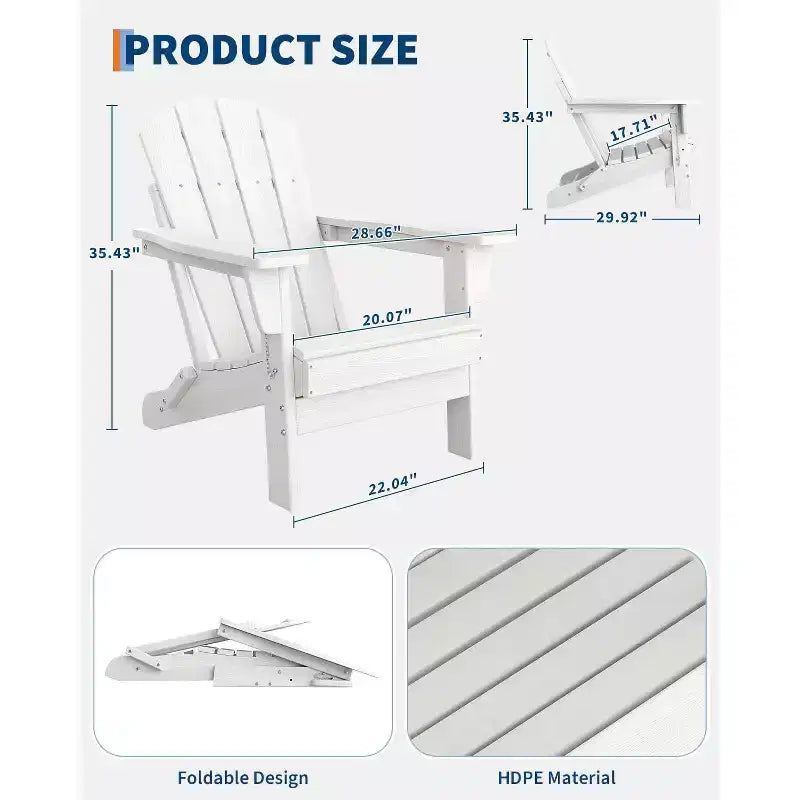 Folding Adirondack Chair Set of 2, HDPE Plastic Weather Resistant Oversized Outdoor Chair for Patio, Lawn, Garden, Backyard, Deck, 380 Lb Support