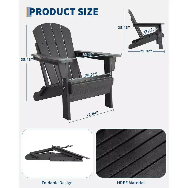 Folding Adirondack Chair Set of 2, HDPE Plastic Weather Resistant Oversized Outdoor Chair for Patio, Lawn, Garden, Backyard, Deck, 380 Lb Support