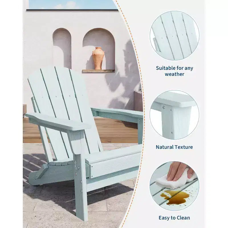 Folding Adirondack Chair Set of 2, HDPE Plastic Weather Resistant Oversized Outdoor Chair for Patio, Lawn, Garden, Backyard, Deck, 380 Lb Support