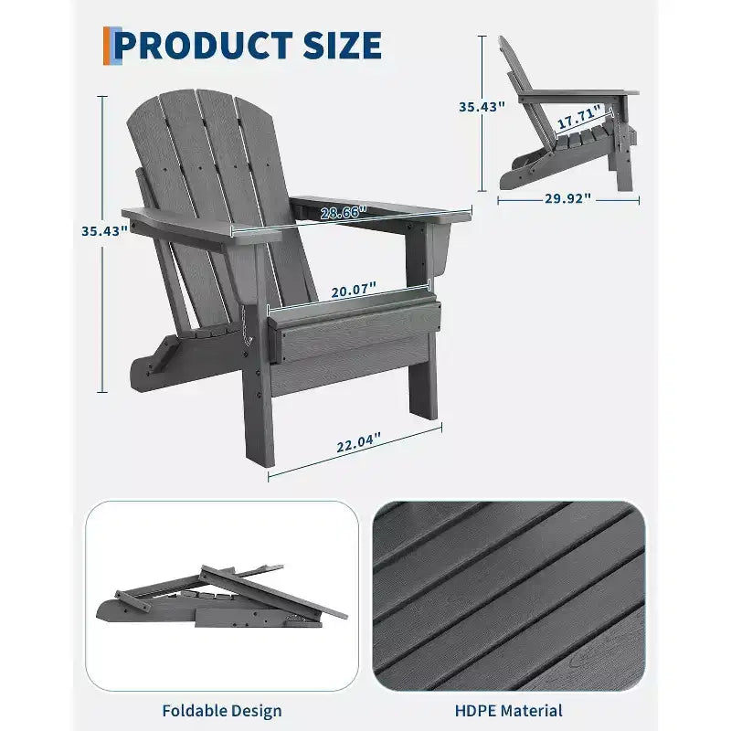 Folding Adirondack Chair Set of 2, HDPE Plastic Weather Resistant Oversized Outdoor Chair for Patio, Lawn, Garden, Backyard, Deck, 380 Lb Support