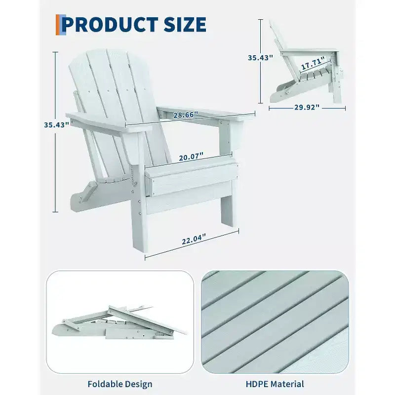 Folding Adirondack Chair Set of 2, HDPE Plastic Weather Resistant Oversized Outdoor Chair for Patio, Lawn, Garden, Backyard, Deck, 380 Lb Support