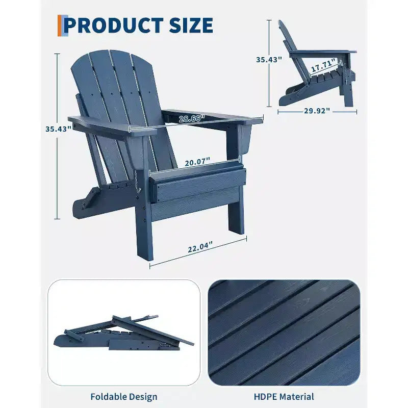 3 Piece Folding Adirondack Chairs Set with Side Table, All Weather HDPE Outdoor Furniture Set for 2, Space Saving for Patio Garden Lawn