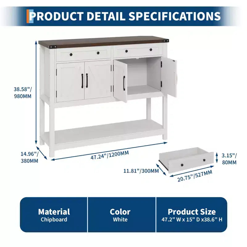 Credenza a buffet da 47 pollici con cassetti e ante scorrevoli