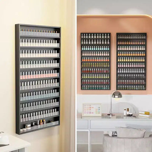 Espositore porta smalti da parete a 10 ripiani con divisorio in acrilico
