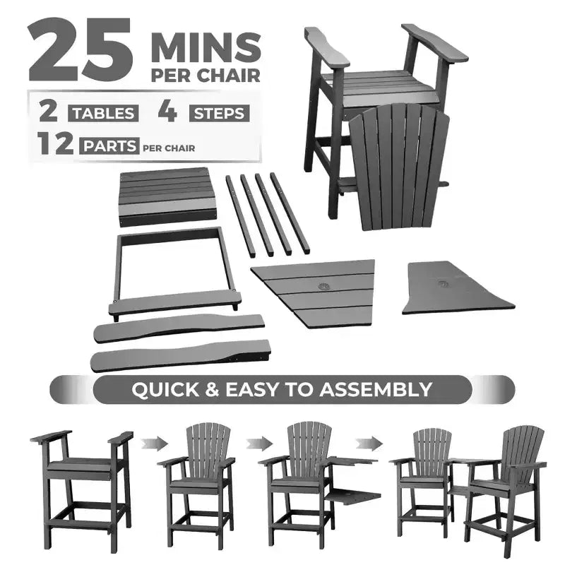 Outdoor Recycled Poly Adirondack Barstools with Connecting Tray, Tall Adirondack Chairs Bar Chairs for Deck, Patio Bar Stool Chair Set of 2