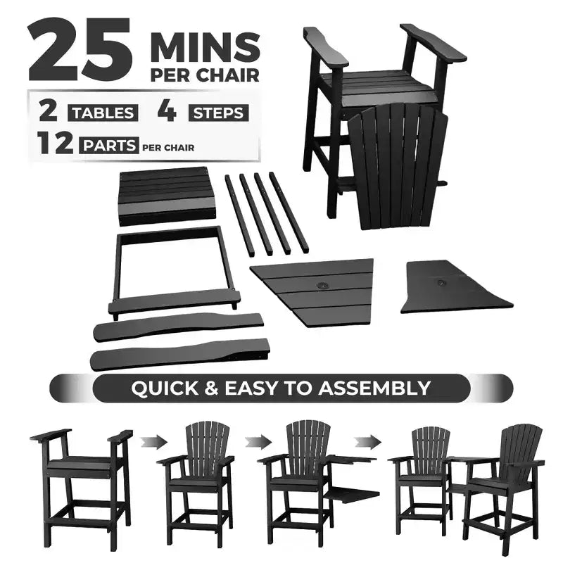 Outdoor Recycled Poly Adirondack Barstools with Connecting Tray, Tall Adirondack Chairs Bar Chairs for Deck, Patio Bar Stool Chair Set of 2