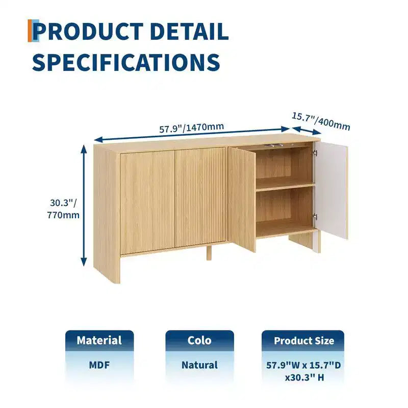 Credenza da 58 pollici in legno con 4 ante scanalate e ripiani regolabili