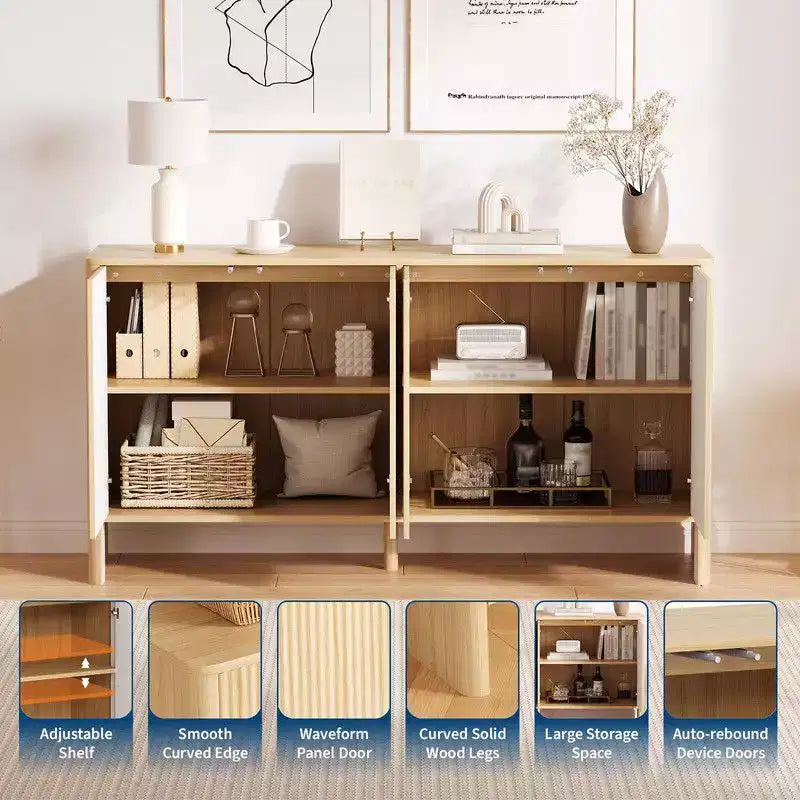 Credenza da 58 pollici in legno con 4 ante scanalate e ripiani regolabili