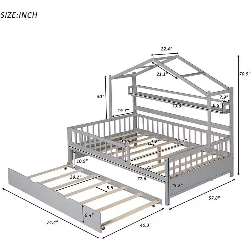Struttura letto a casetta per bambini di dimensioni standard con cassetti portaoggetti, spondine di sicurezza e design a tetto