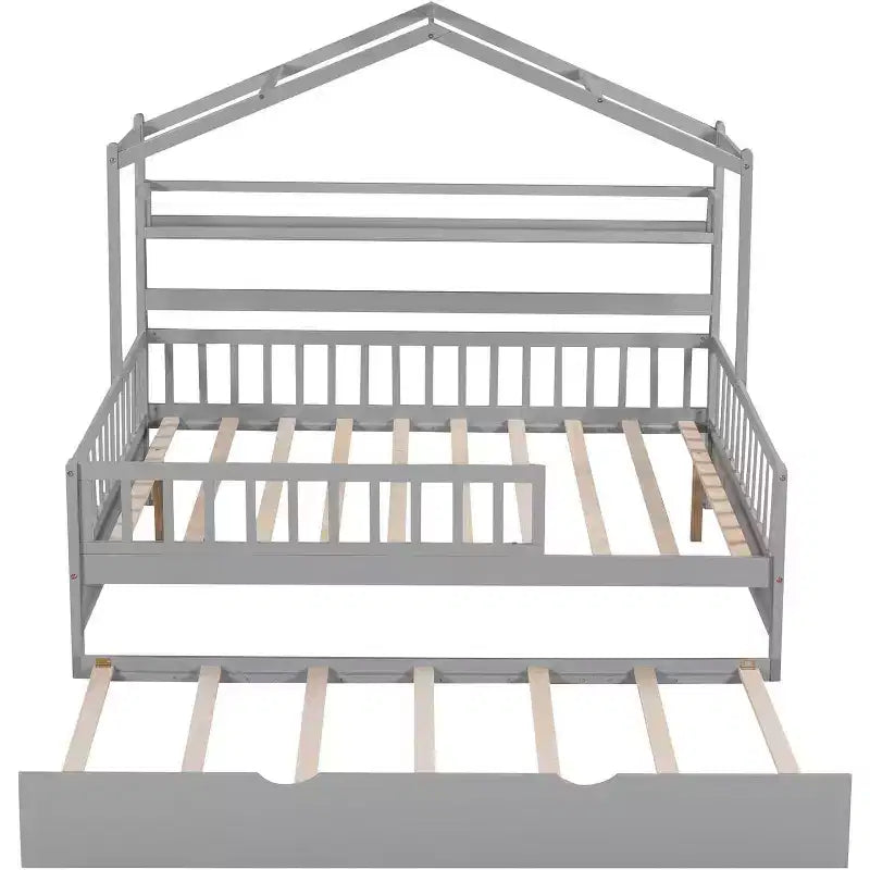 Struttura letto a casetta per bambini di dimensioni standard con cassetti portaoggetti, spondine di sicurezza e design a tetto