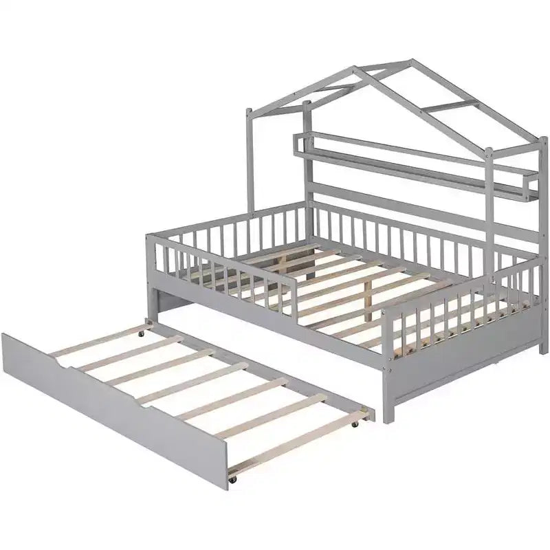 Struttura letto a casetta per bambini di dimensioni standard con cassetti portaoggetti, spondine di sicurezza e design a tetto