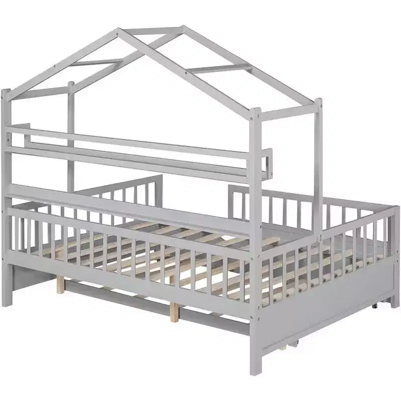 Struttura letto a casetta per bambini di dimensioni standard con cassetti portaoggetti, spondine di sicurezza e design a tetto