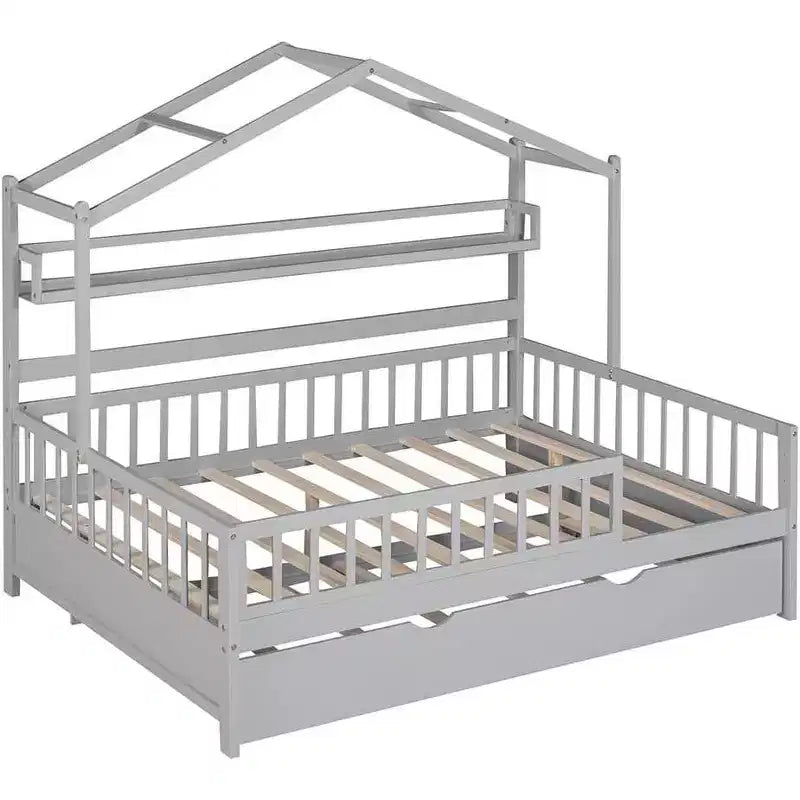 Struttura letto a casetta per bambini di dimensioni standard con cassetti portaoggetti, spondine di sicurezza e design a tetto