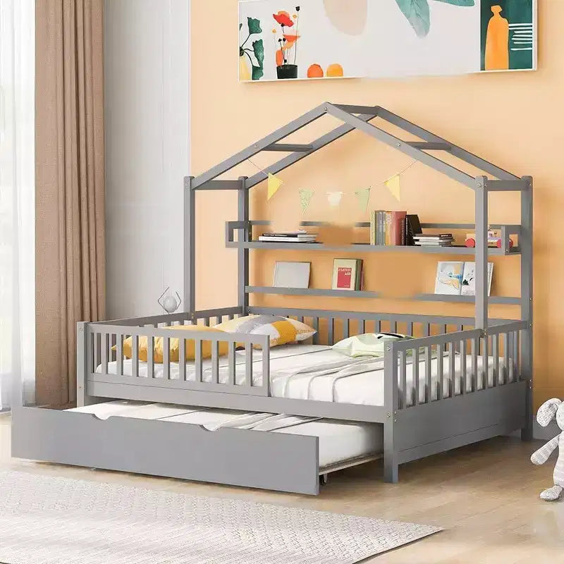 Struttura letto a casetta per bambini di dimensioni standard con cassetti portaoggetti, spondine di sicurezza e design a tetto