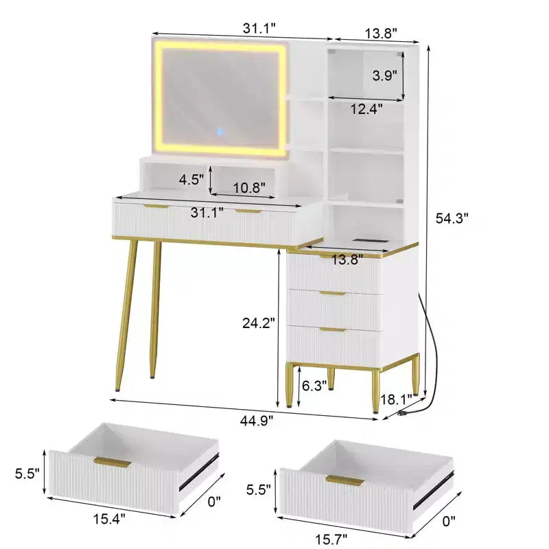 Scrivania Fluted con Specchio Illuminato e Cassetti Contenitori