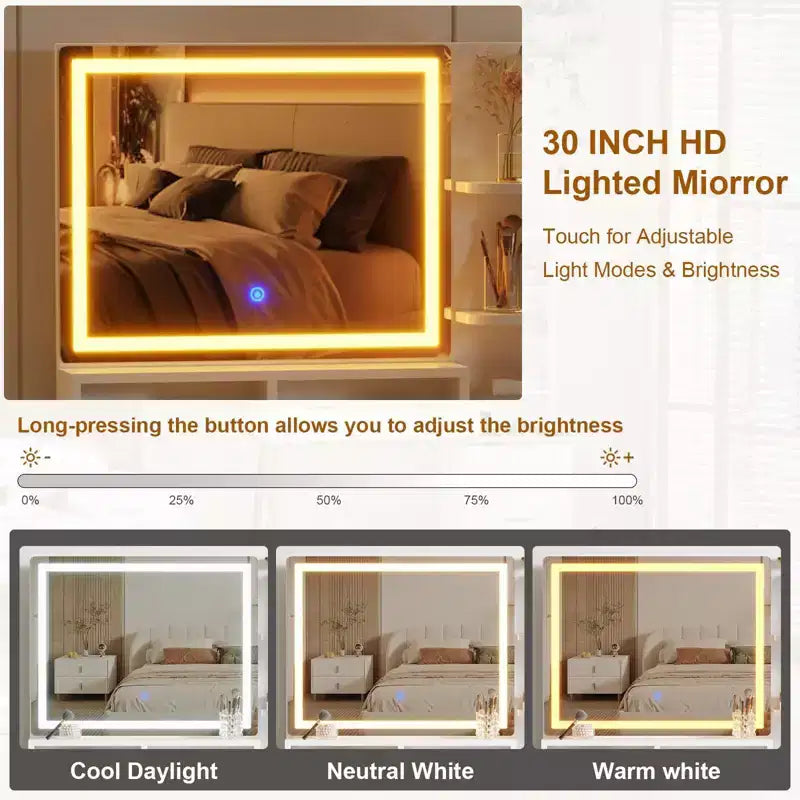 Scrivania Fluted con Specchio Illuminato e Cassetti Contenitori