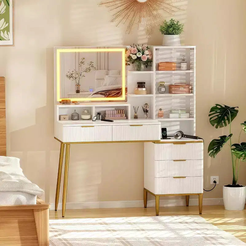 Scrivania Fluted con Specchio Illuminato e Cassetti Contenitori