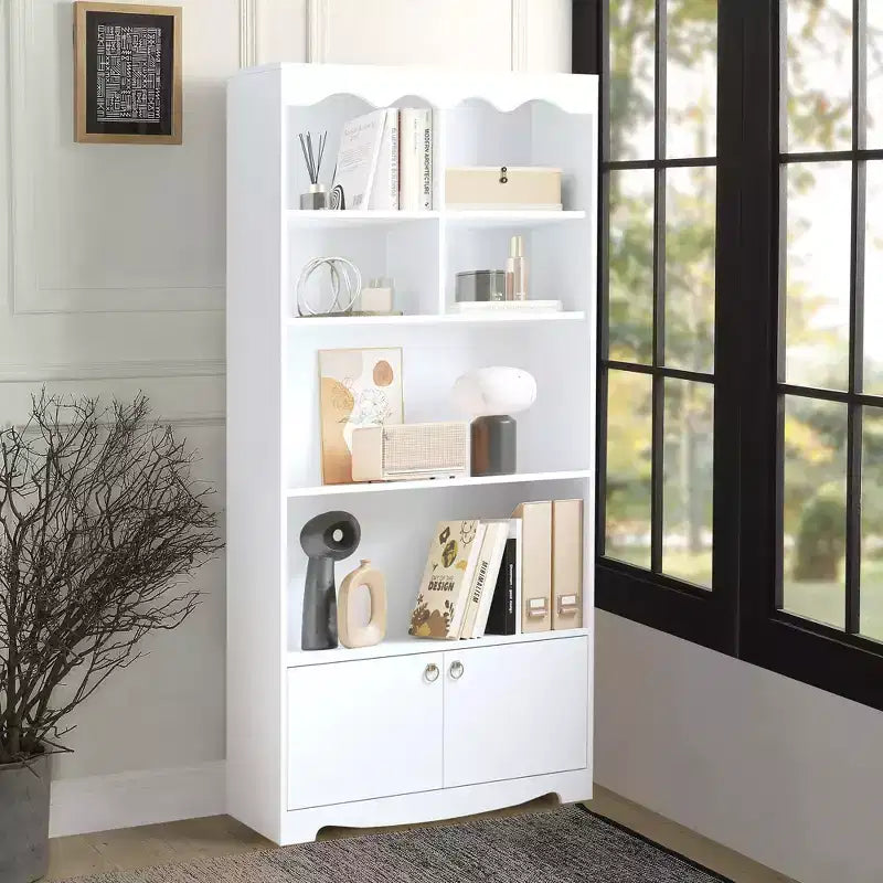 Libreria a 5 ripiani con armadietto e mensole aperte, altezza 160 cm
