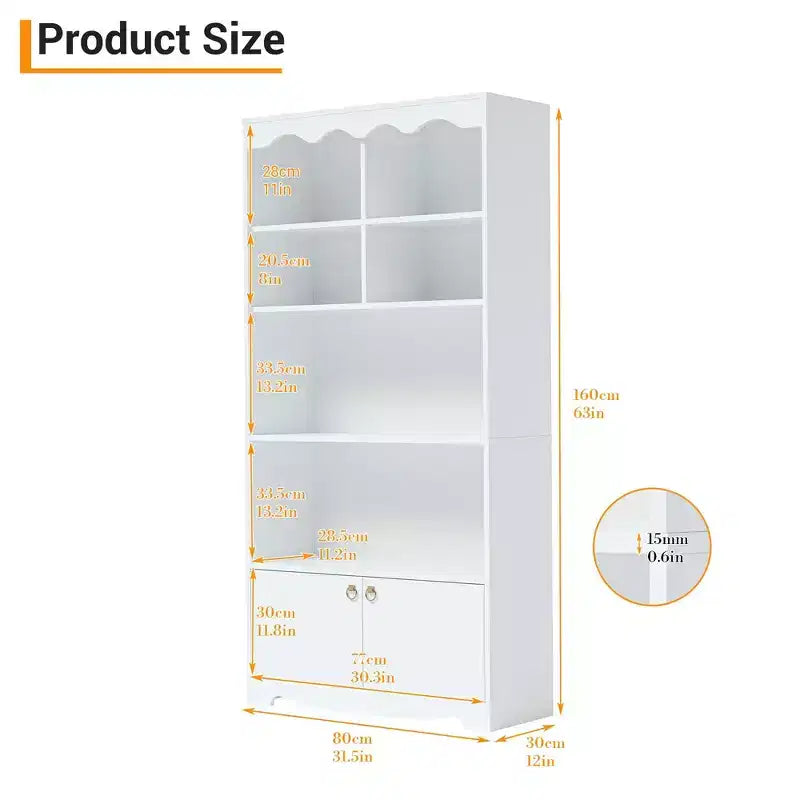 Libreria a 5 ripiani con armadietto e mensole aperte, altezza 160 cm