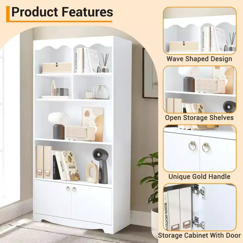 Libreria a 5 ripiani con armadietto e mensole aperte, altezza 160 cm