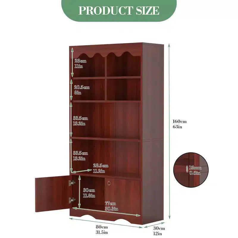Libreria a 5 ripiani con armadietto e mensole aperte, altezza 160 cm