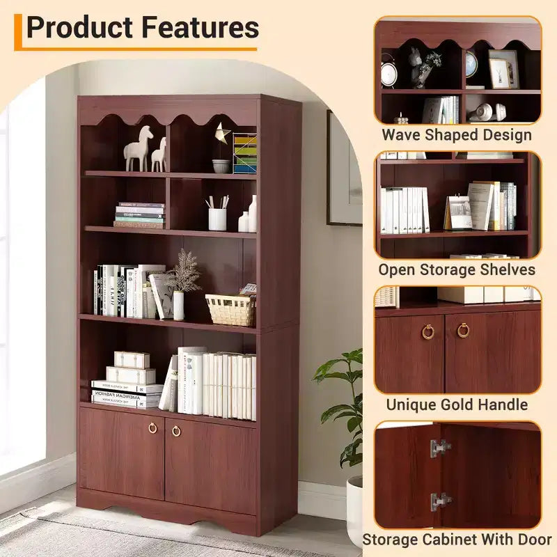 Libreria a 5 ripiani con armadietto e mensole aperte, altezza 160 cm