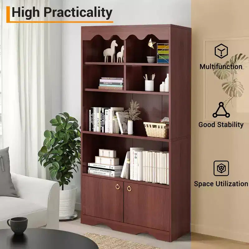 Libreria a 5 ripiani con armadietto e mensole aperte, altezza 160 cm