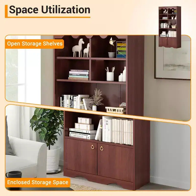 Libreria a 5 ripiani con armadietto e mensole aperte, altezza 160 cm