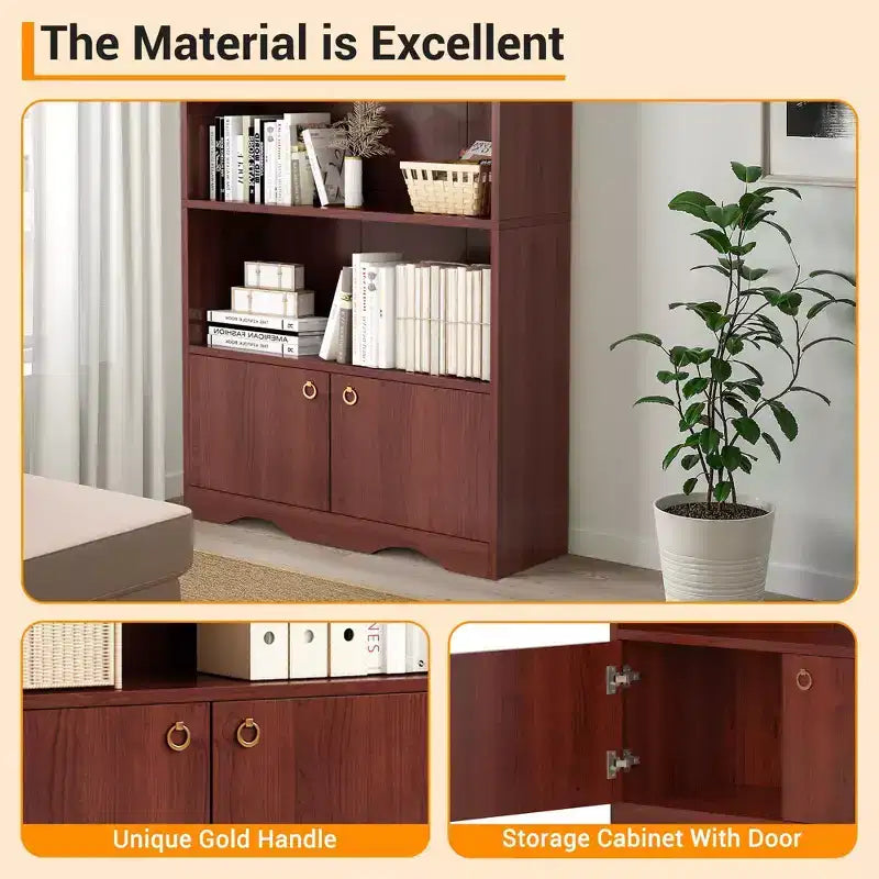 Libreria a 5 ripiani con armadietto e mensole aperte, altezza 160 cm