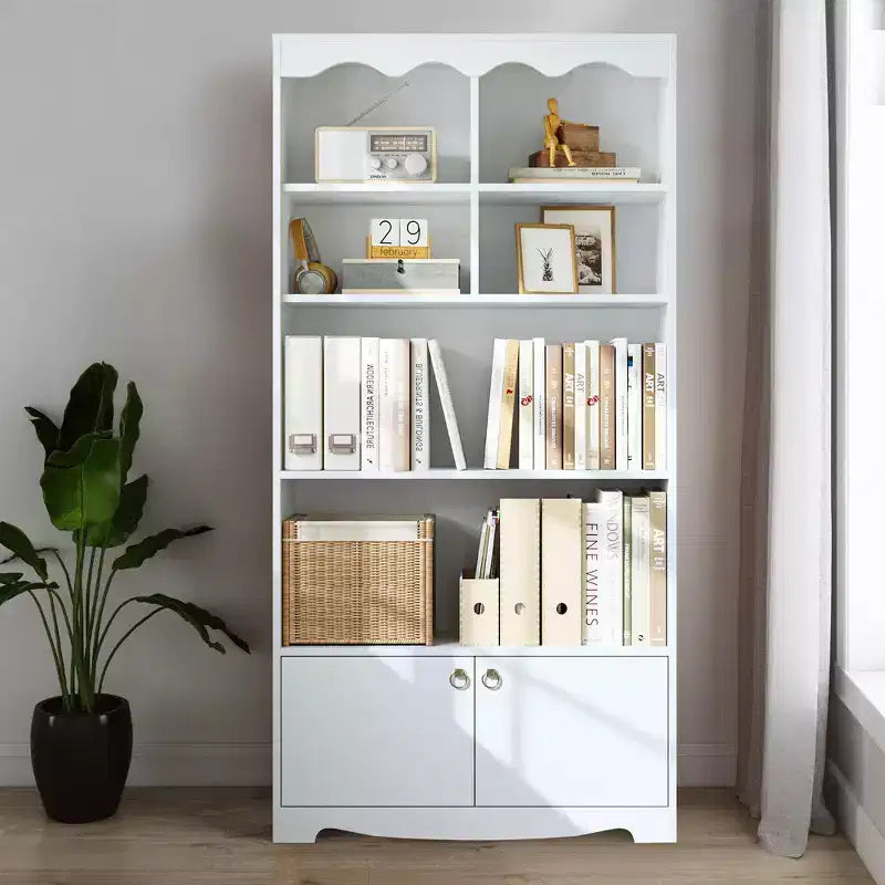 Libreria a 5 ripiani con armadietto e mensole aperte, altezza 160 cm
