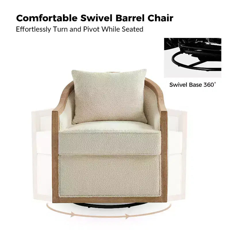 Poltrona Girevole in Rattan Stile Casale con Bordo in Legno Massello – Avorio