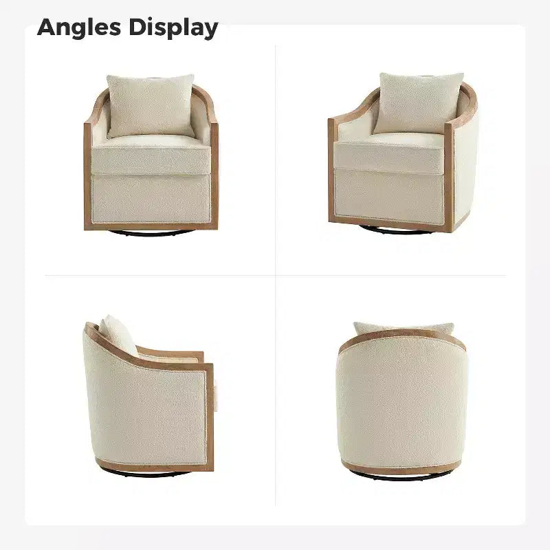 Poltrona Girevole in Rattan Stile Casale con Bordo in Legno Massello – Avorio