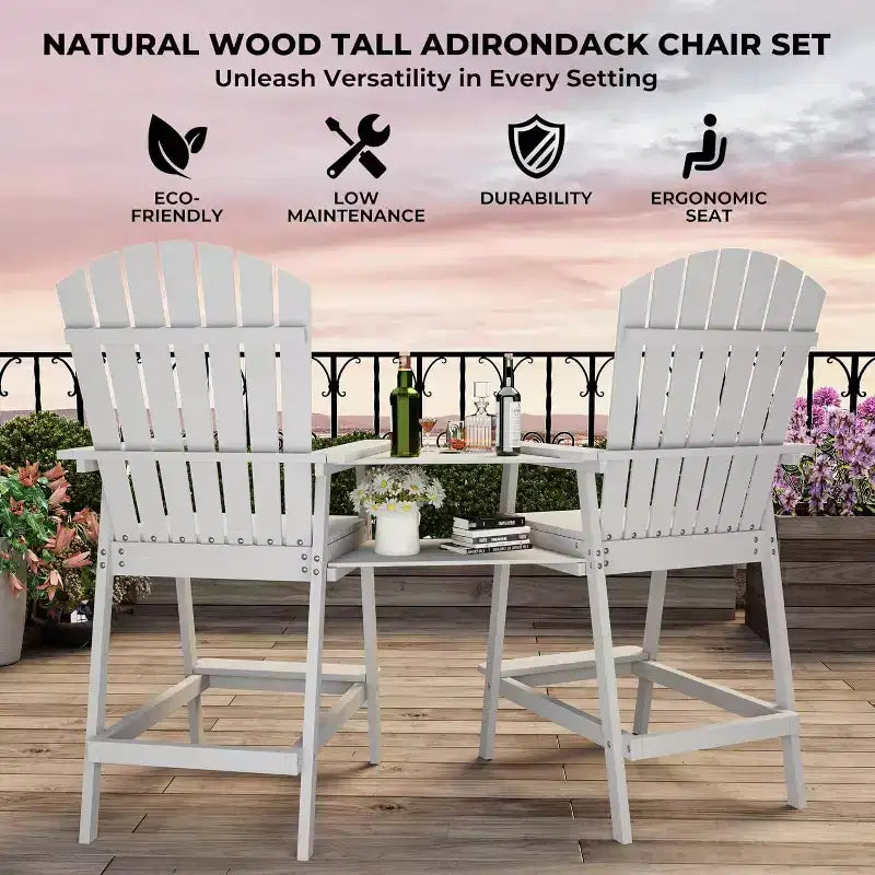 Acekool Bar Height Adirondack Chairs Set of 2 with Connecting Tray, Natural Wood Elevated Patio Chairs for Deck & Backyard