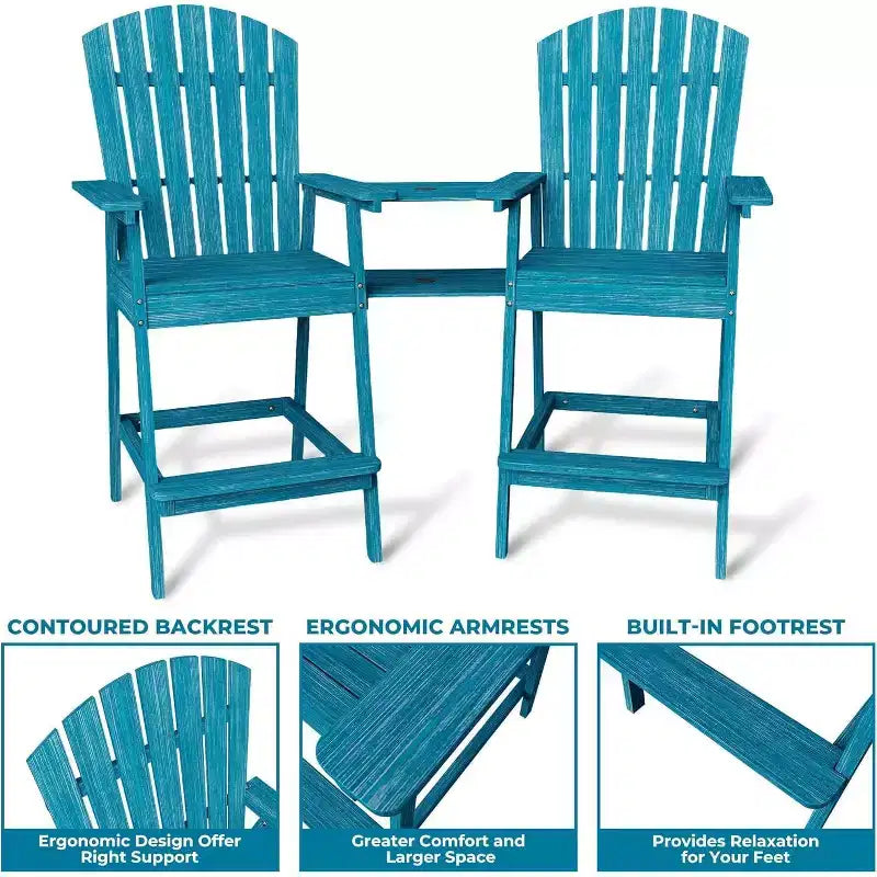 Acekool Bar Height Adirondack Chairs Set of 2 with Connecting Tray, Natural Wood Elevated Patio Chairs for Deck & Backyard