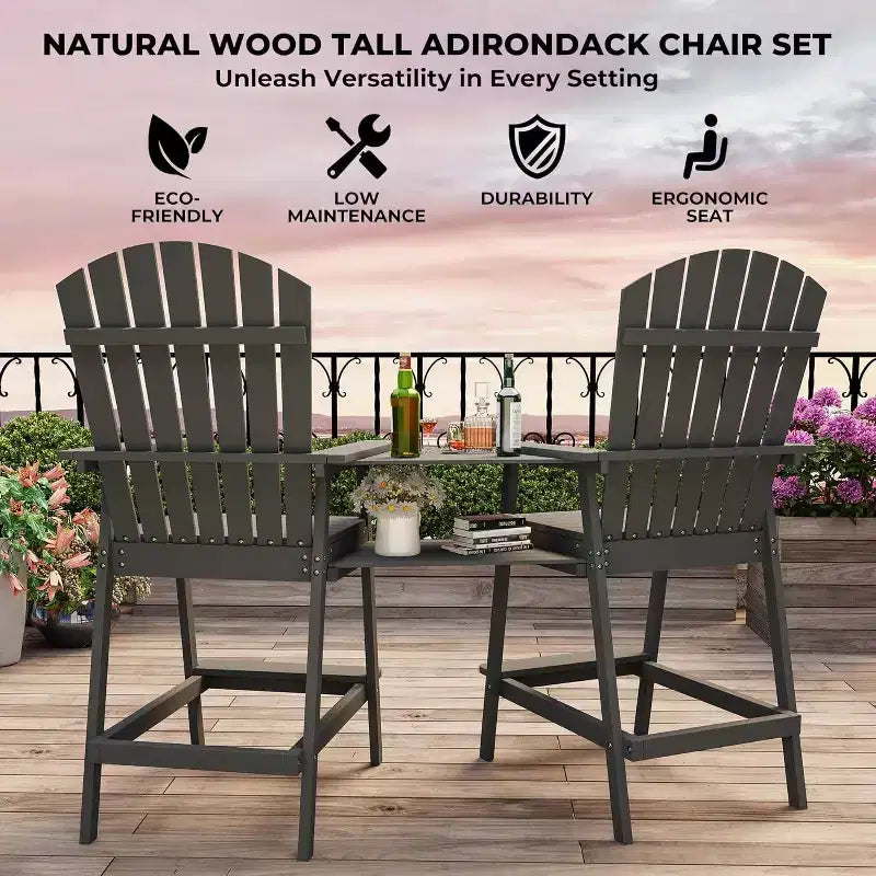 Acekool Bar Height Adirondack Chairs Set of 2 with Connecting Tray, Natural Wood Elevated Patio Chairs for Deck & Backyard