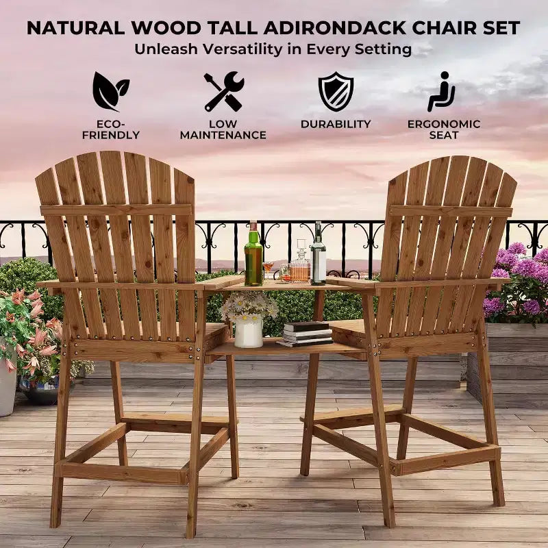 Acekool Bar Height Adirondack Chairs Set of 2 with Connecting Tray, Natural Wood Elevated Patio Chairs for Deck & Backyard