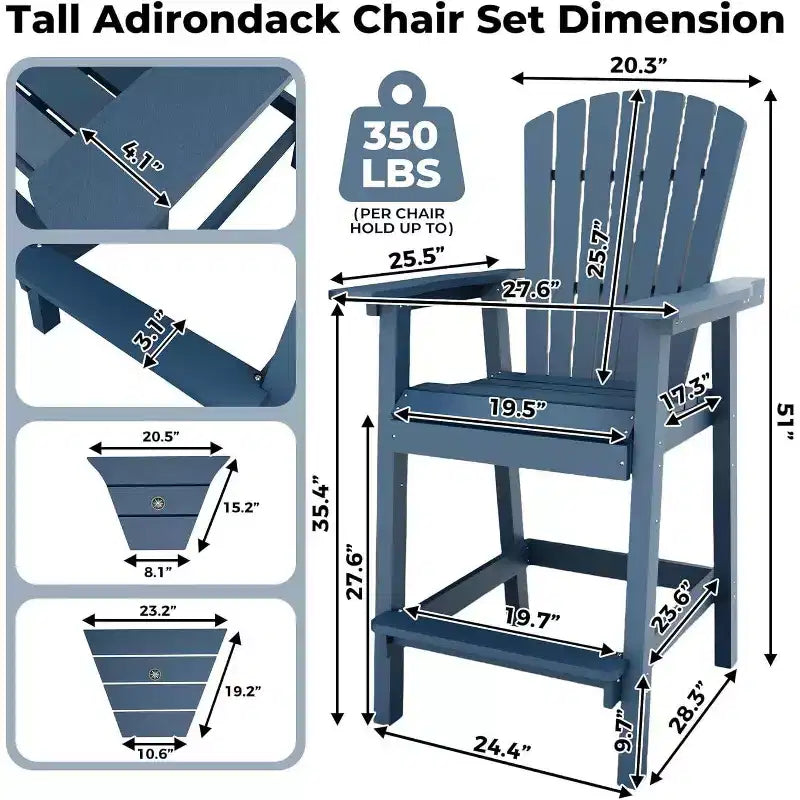 Acekool Recycled Poly Barstool Adirondack Set - 2 Weatherproof Chairs with Connecting Tray