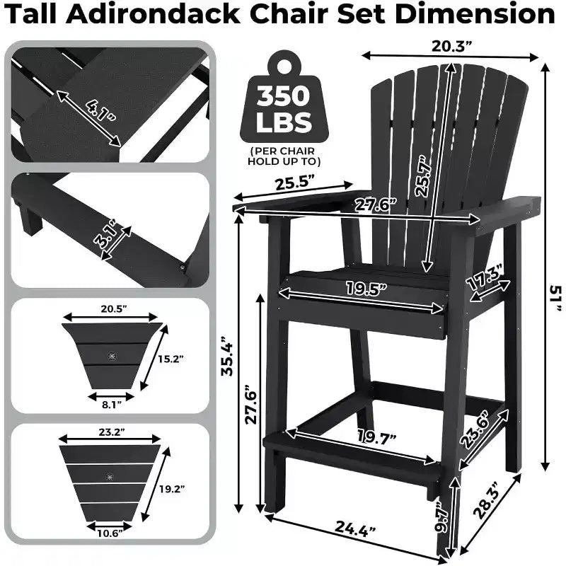 Acekool Recycled Poly Adirondack Barstool Set of 2 with Connecting Tray - Outdoor Bar Height Chairs for Patio & Deck