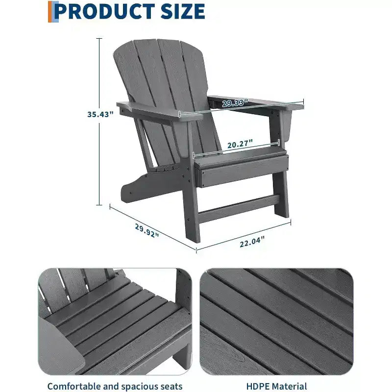 Acekool Oversize Adirondack Chair  Weather-Resistant HDPE Plastic with Wood Texture, 380 lb Capacity, Outdoor Patio Firepit Chair Black