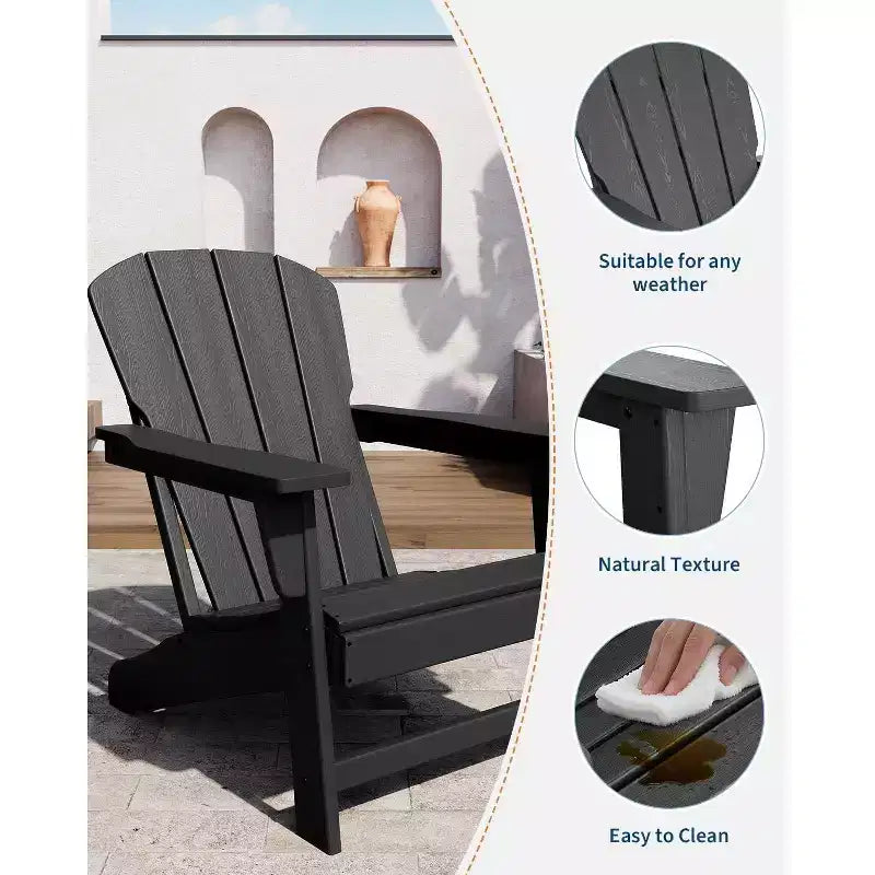 Acekool Oversize Adirondack Chair  Weather-Resistant HDPE Plastic with Wood Texture, 380 lb Capacity, Outdoor Patio Firepit Chair Black