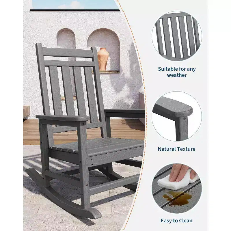 Acekool 1-Piece Outdoor Rocking Chair Set  HDPE Weather-Resistant Adirondack Rockers with Wood Texture, 380 lbs Capacity, Black